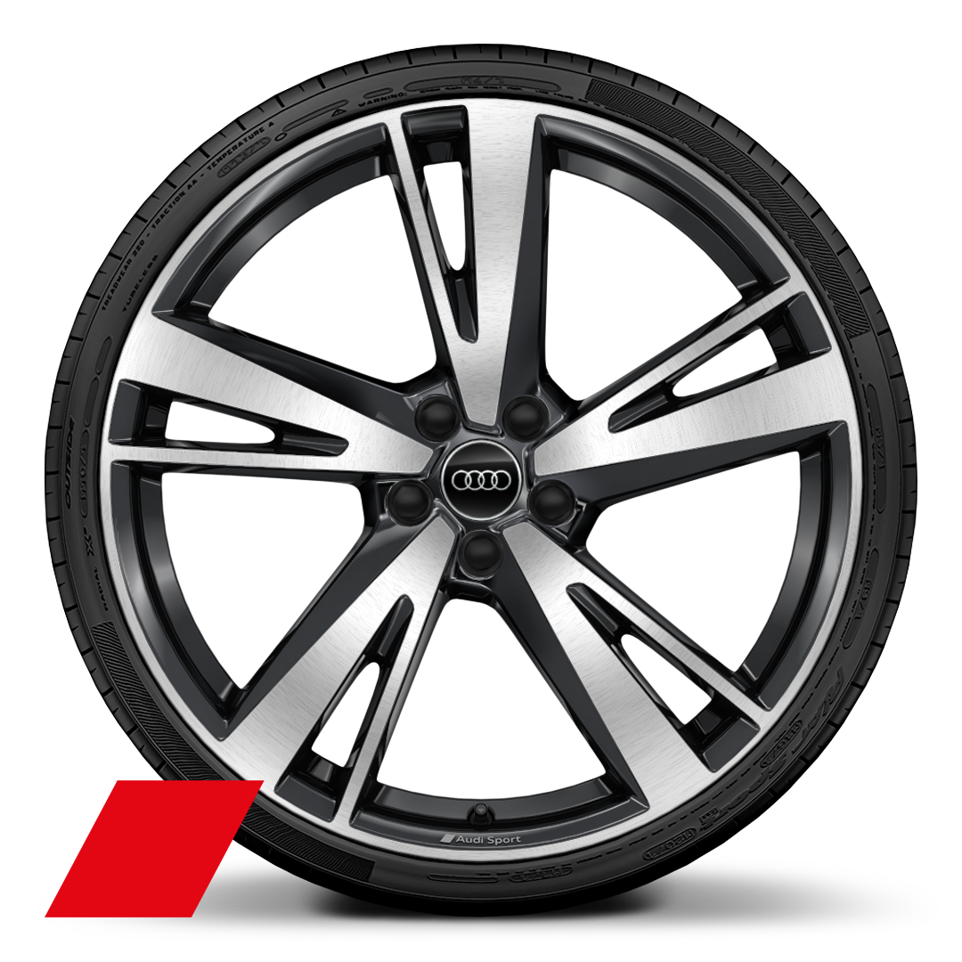 Audi Sport 21 吋 5 輻刀鋒式設計鋁合金輪圈，煤黑色鑽石亮面導角，搭配 255/35 R21 輪胎