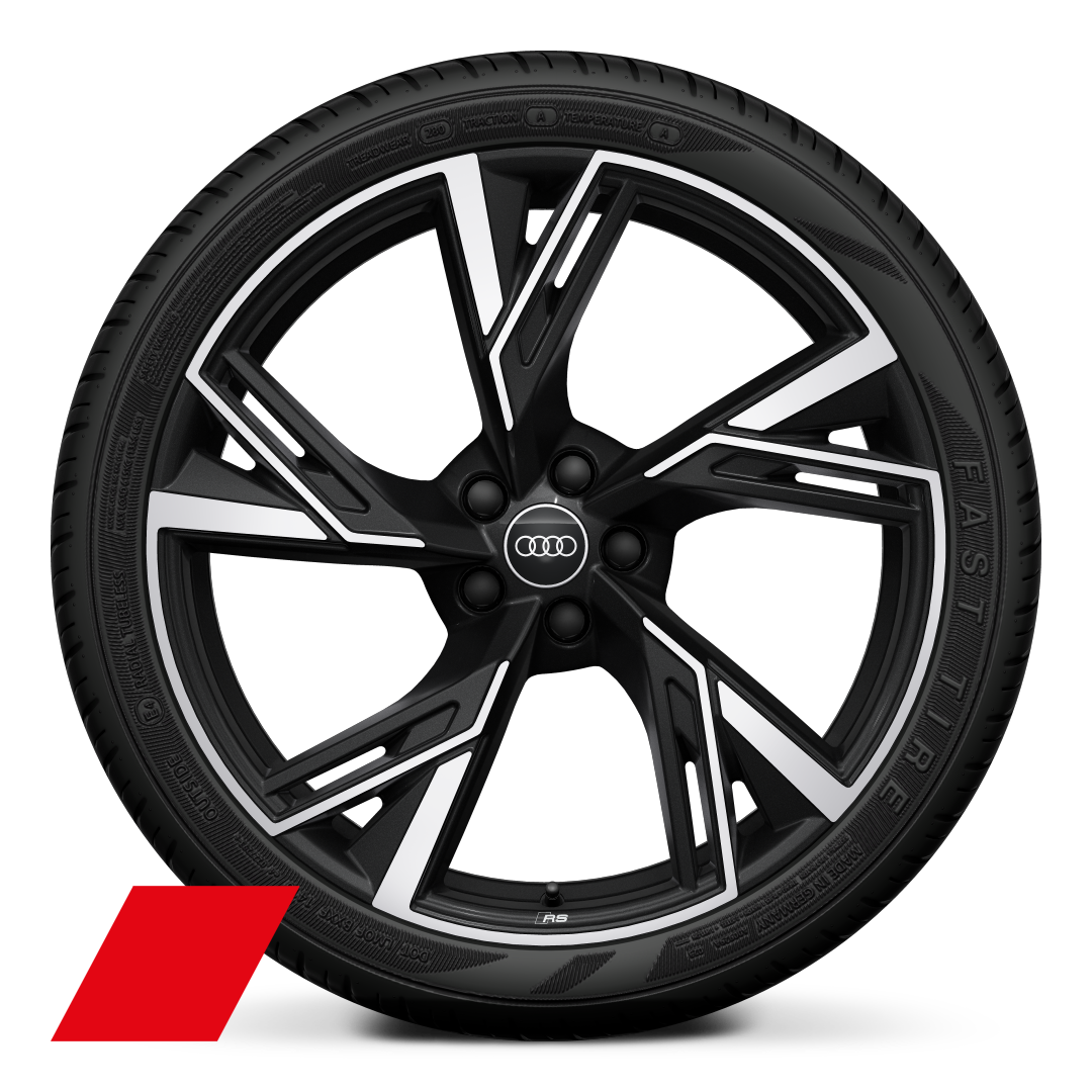 Audi Sport 21 吋 5-V 輻式梯形設計鑄造鋁合金輪圈， 無菸煤黑鑽石亮面導角 ，搭配 255/35 R21 輪胎