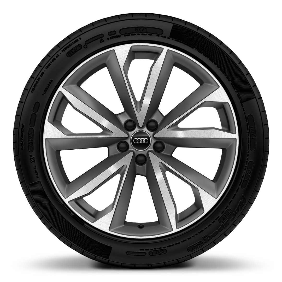 Audi Sport GmbH 21 吋 5 輻雙肋 V 字設計 鋁圈，石墨灰，鑽石亮面導角，搭配 285/40 R 21 輪胎