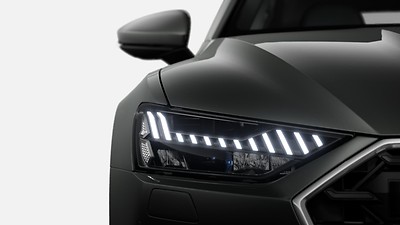 Reflektory HD Matrix LED z Audi laser light, dynamiczną inscenizacją świateł i dynamicznymi kierunkowskazami, z przyciemnionymi elementami we wnętrzu