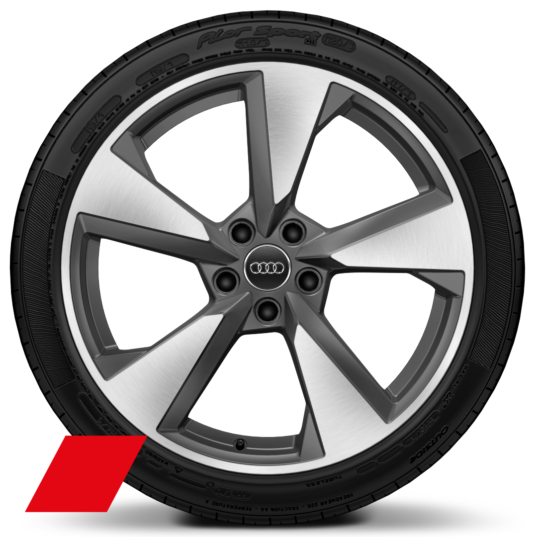 Audi Sport 19 吋 5 輻式多邊形設計鑄造鋁合金輪圈，霧面鈦金灰，鑽石亮面導角，搭配  255/35 R19 輪胎