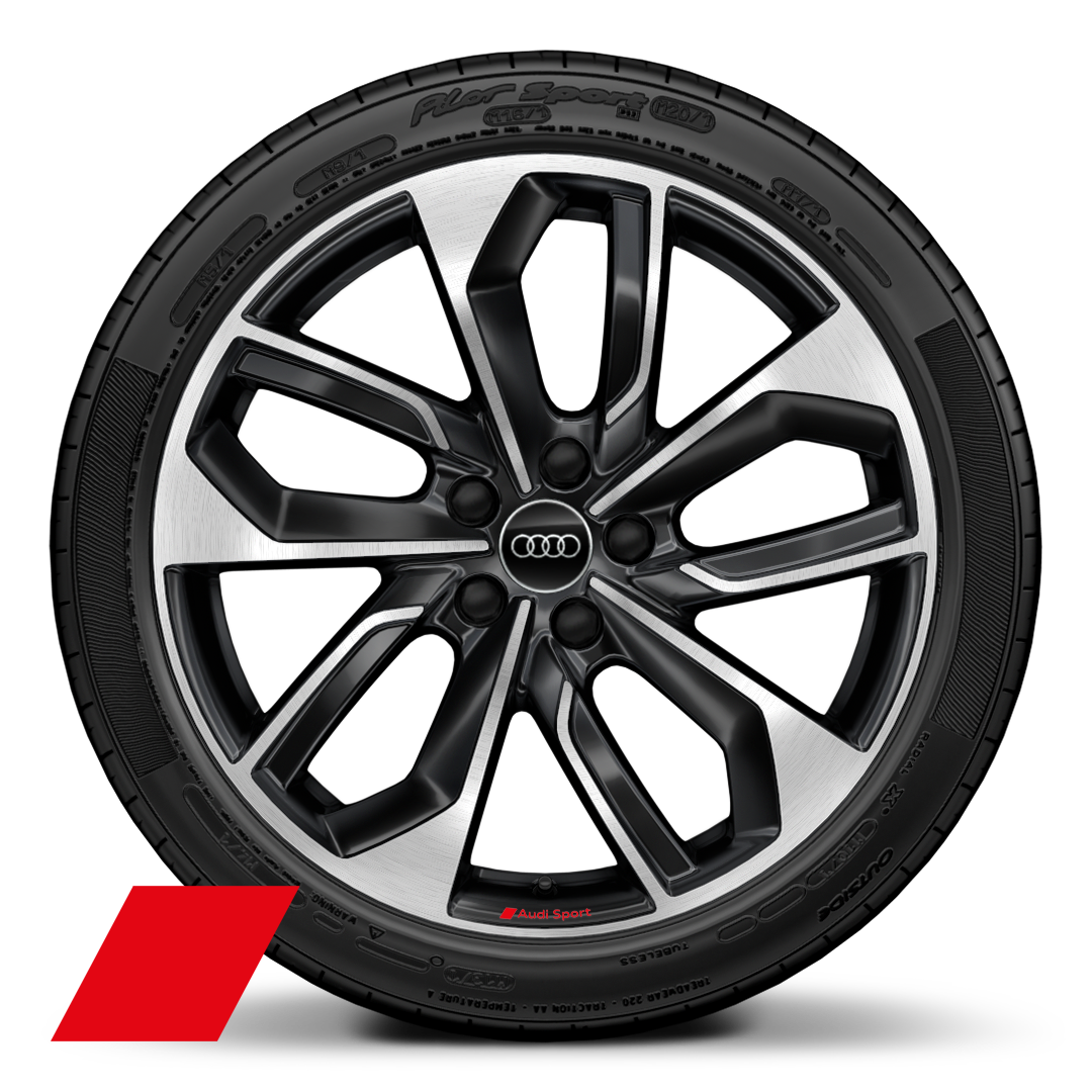 Audi Sport GmbH 19 吋 5 輻雙肋式鋒緣設計鑄造鋁合金輪圈，亮面煤黑烤漆，鑽石亮面導角，搭配 235/35 R19 輪胎