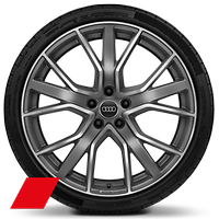 Audi Sport 20 吋 5 -V 輻式星形設計鋁合金輪圈，霧面鈦灰色烤漆鑽石亮面導角，搭配 265/30 R20 輪胎