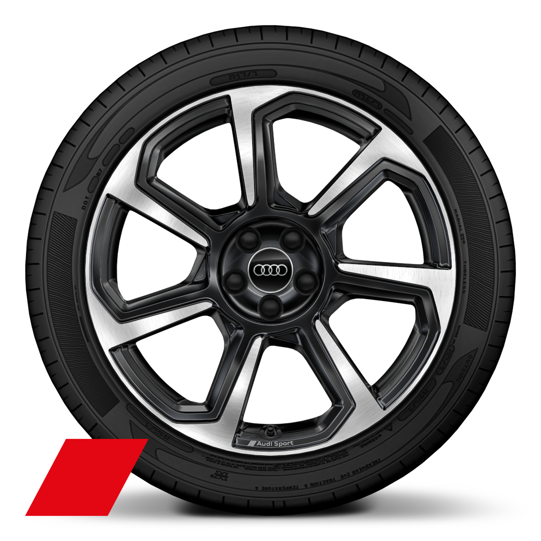 Audi Sport 18 吋 7 輻轉子式設計鑄造鋁合金輪圈，無菸煤黑色鑽石亮面導角，搭配 215/40 R18 輪胎