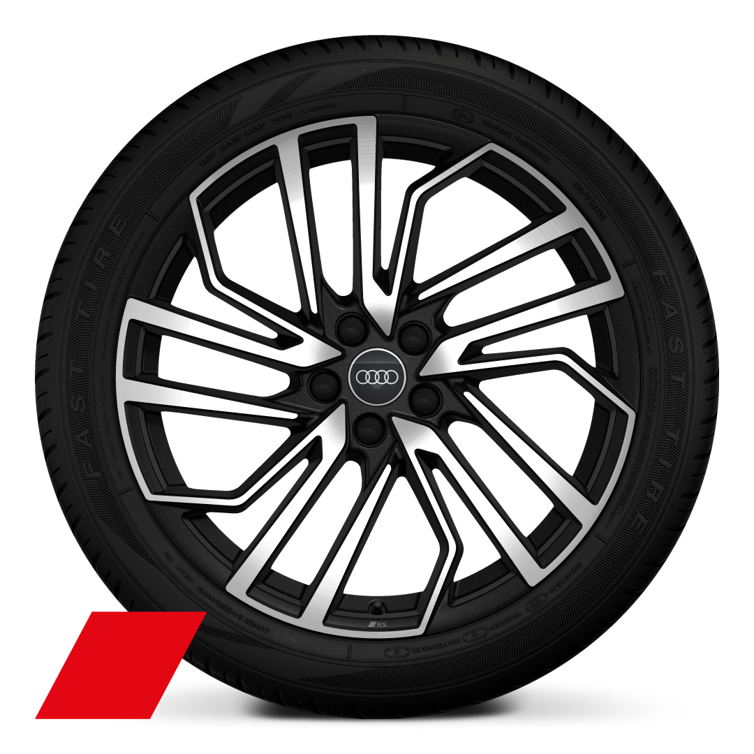 Audi Sport 20 吋 5 輻式 Evo 設計鑄造鋁合金輪圈，霧面黑色，鑽石亮面導角，搭配 255/40 R20 輪胎