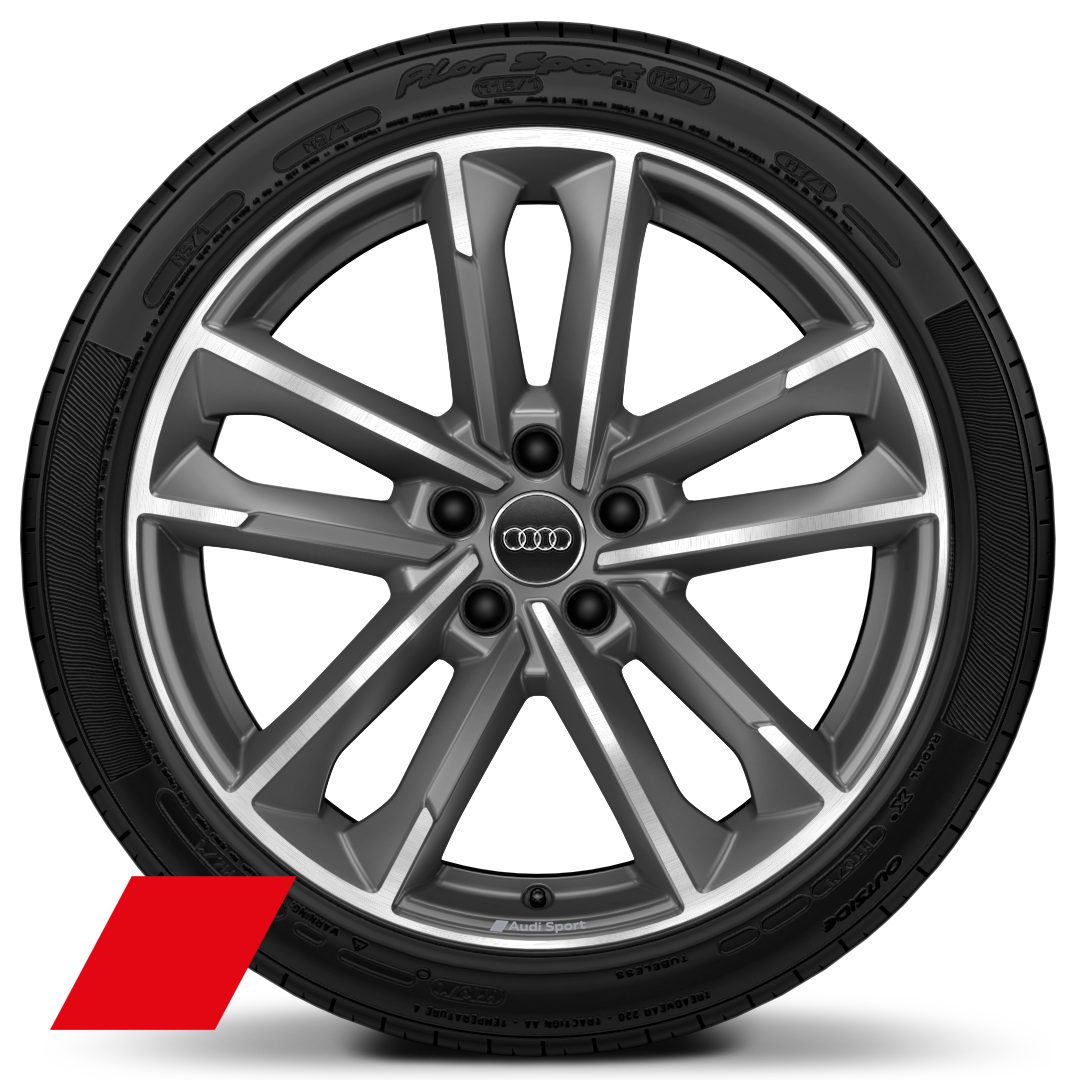 Audi Sport 19 吋 5 爪雙桿設計霧面鈦灰鑄造鋁合金輪圈，霧面鈦金灰，鑽石亮面導角，搭配 255/35 R19 輪胎