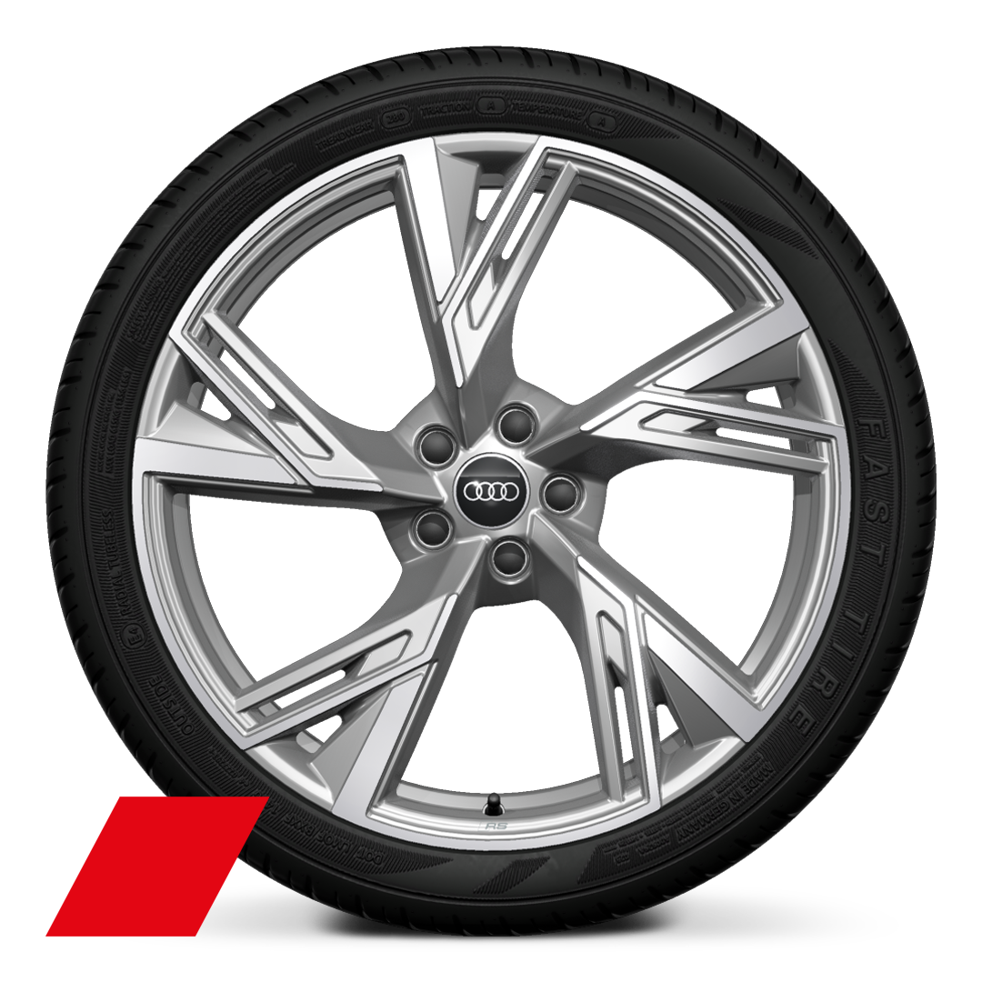 Audi Sport 21 吋 5-V 輻式梯形設計鑄造鋁合金輪圈，白金灰，鑽石亮面導角，搭配 255/35 R21 輪胎