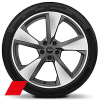 Audi Sport 19 吋 5 輻式多邊形設計鑄造鋁合金輪圈，霧面鈦金灰，鑽石亮面導角，搭配  255/35 R19 輪胎