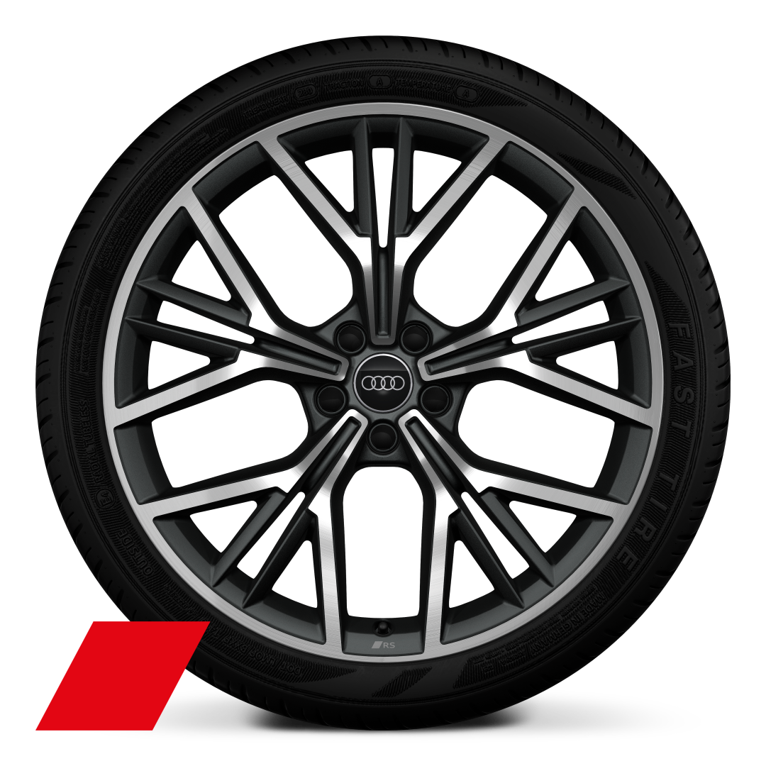 Audi Sport 21 吋 5 輻式多輻設計鑄造鋁合金輪圈，霧面深灰色，鑽石亮面導角，搭配 255/35 R21 輪胎