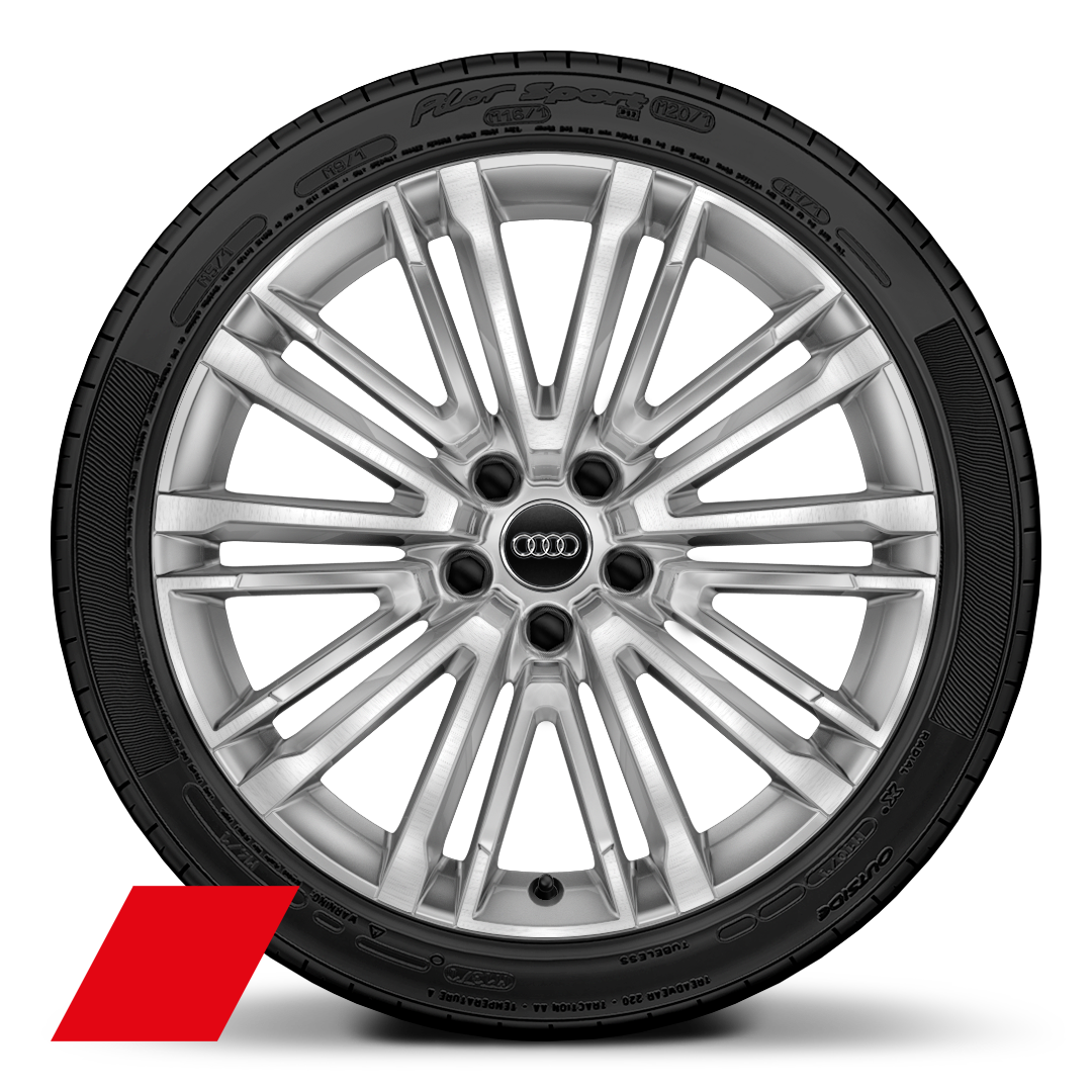 Audi Sport 10 輻式 V 形設計鑄造鋁合金輪圈，鑽石亮面導角，尺寸 8.5J x 19，特定車款輪胎