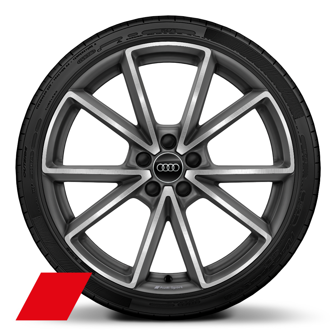 Audi Sport GmbH 20 吋 5 輻式 V 形設計鋁合金輪圈，霧面鈦灰色烤漆鑽石亮面導角，搭配 255/30 R20 輪胎