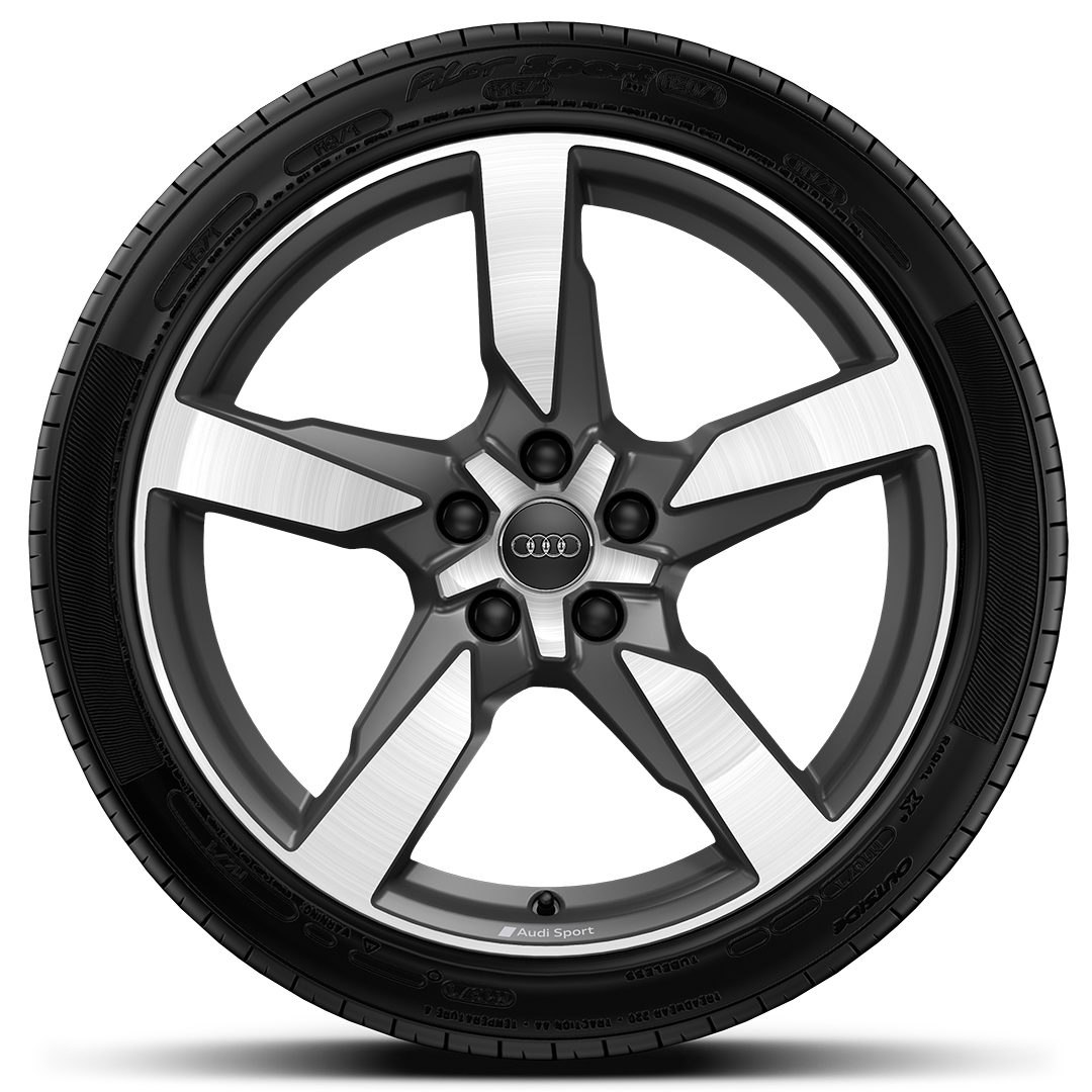 Rodas de alum&iacute;nio fundido Audi Sport em design pol&iacute;gono de 5 bra&ccedil;os, est. Tit. Fosco, pol. torn., 9J x 19 pn 255/45 R19