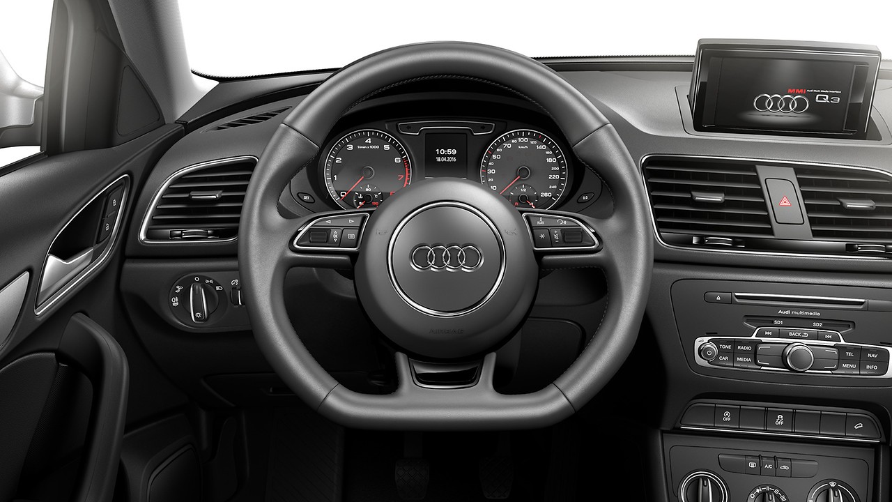 Flat-bottomed 3-spoke perforated leather-trimmed multi function steering wheel