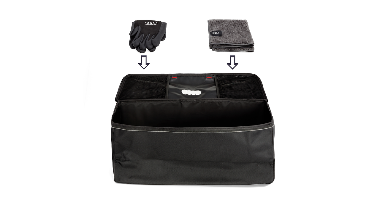 Storage bag for e-tron charging cable, with cleaning cloth and gloves