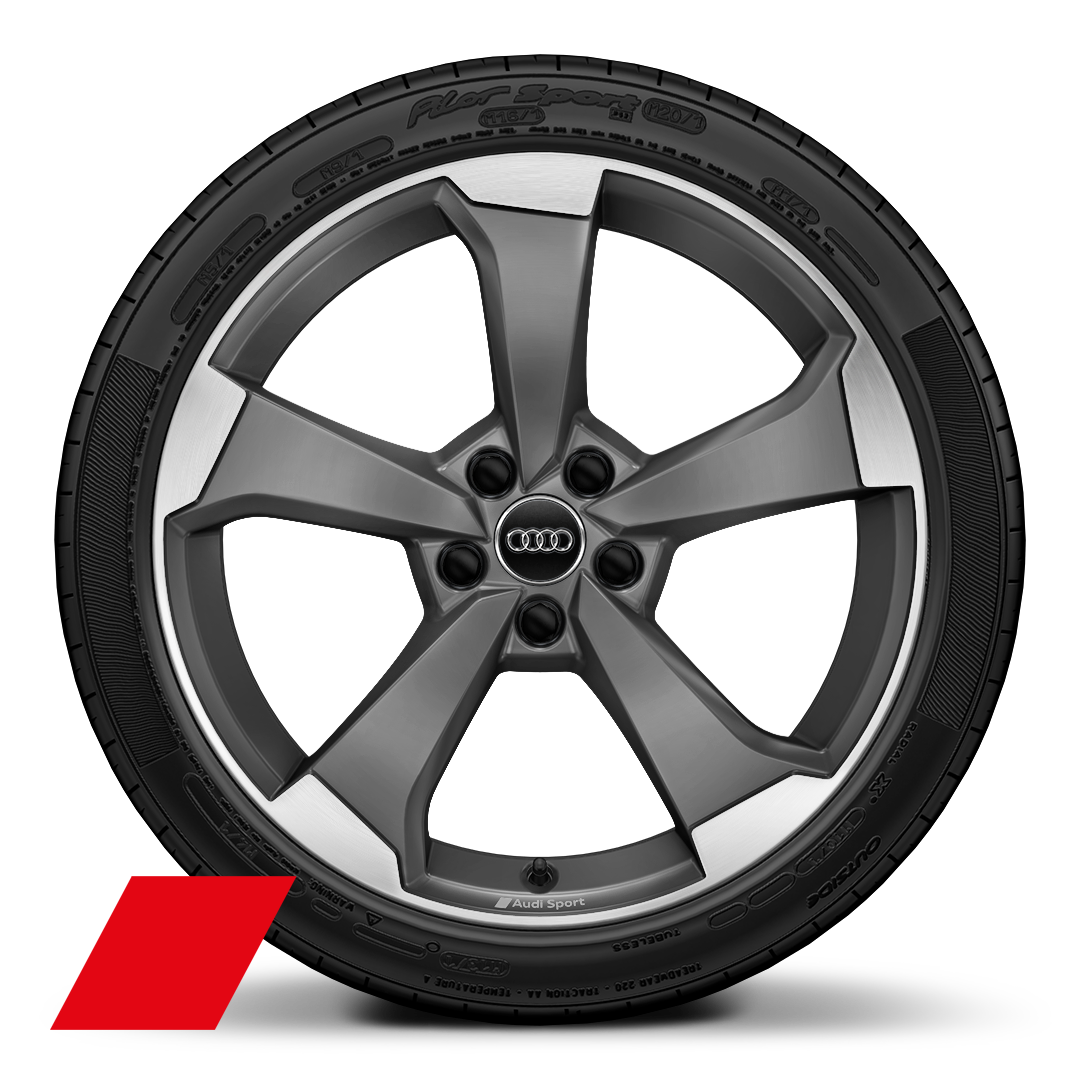 Audi Sport wheels, 5-arm rotor style, Matte Titanium Gray, diamond-turned, 8.5J x 19, model-specific tires