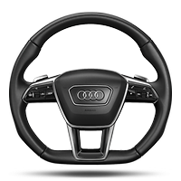 Volante desportivo multifun&ccedil;&otilde;es, em couro, com patilhas e fundo plano