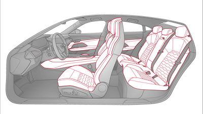 Siedzenia, elementy konsoli, centralny podłokietnik i podparcia w drzwiach obszyte skórą Audi exclusive, wnęki w drzwiach z mikrofazy Dinamica