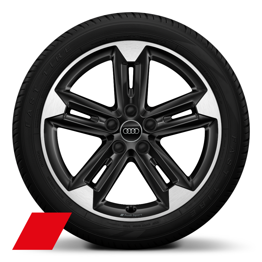 Audi Sport GmbH 18 吋 5 輻雙肋式梯形設計鑄造鋁合金輪圈，黑色塗裝，搭配 215/50 R18 輪胎