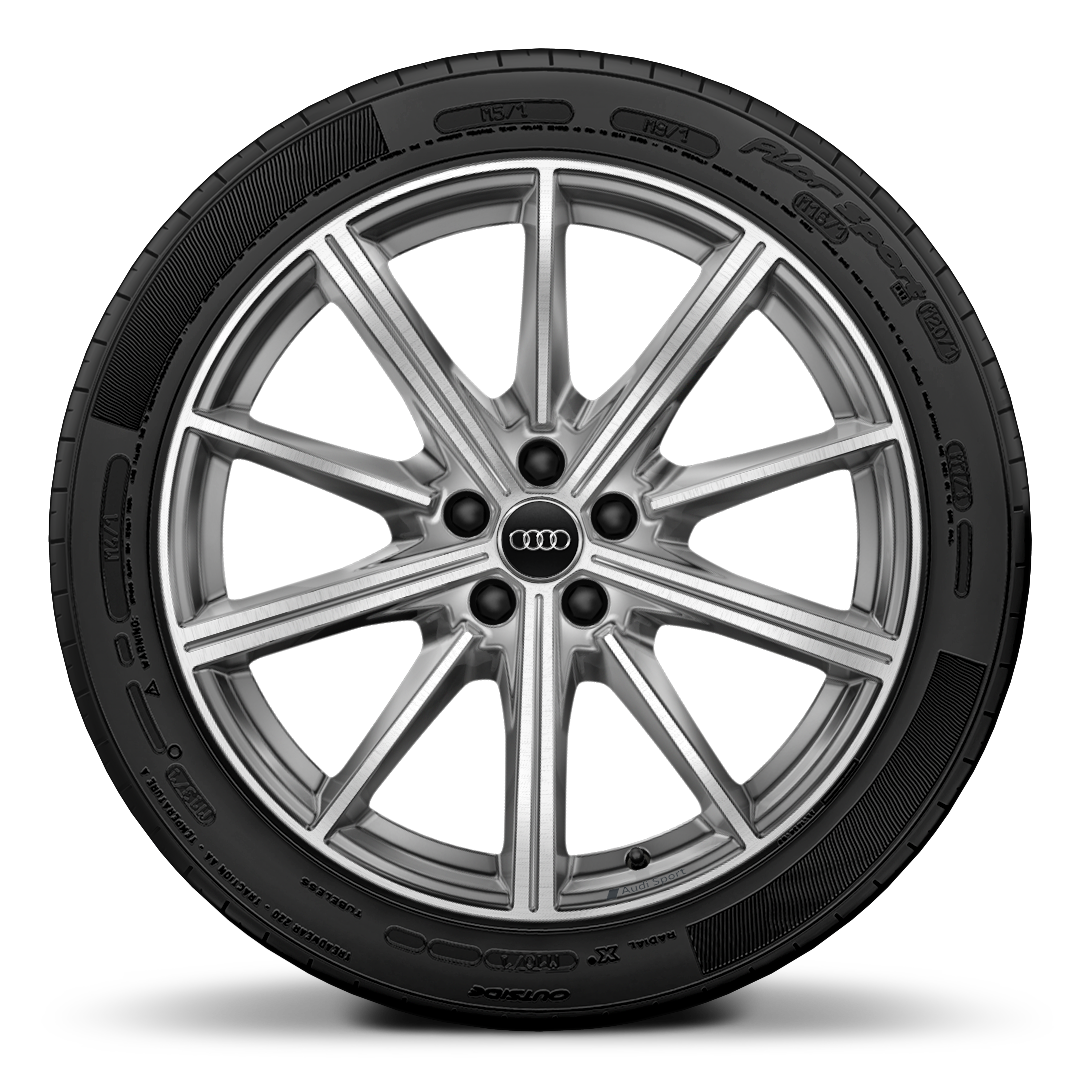 Rodas alum. fund. Audi Sport em design estrela de 10 raios, estilo platina, pol. torn., 8,5J x 20 c/pneus 255/40 R20