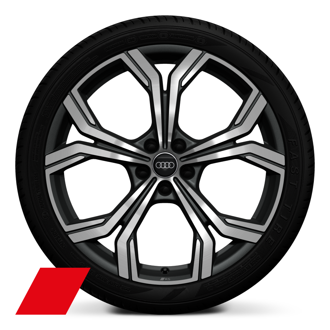 Audi Sport 21 吋 5 輻式雙肋設計鑄造鋁合金輪圈，霧面深灰色，鑽石亮面導角，搭配 255/35 R21 輪胎