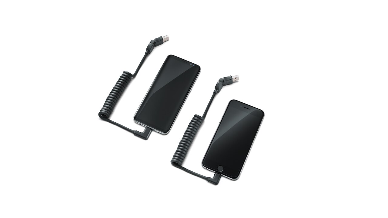 conjunto de cabos de adapta&ccedil;&atilde;o USB, para dispositivos m&oacute;veis com tomada Apple Lightning, angular, e com tomada USB tipo C, angular