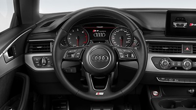 Heated, three-spoke multifunction steering wheel with shift paddles and S badging