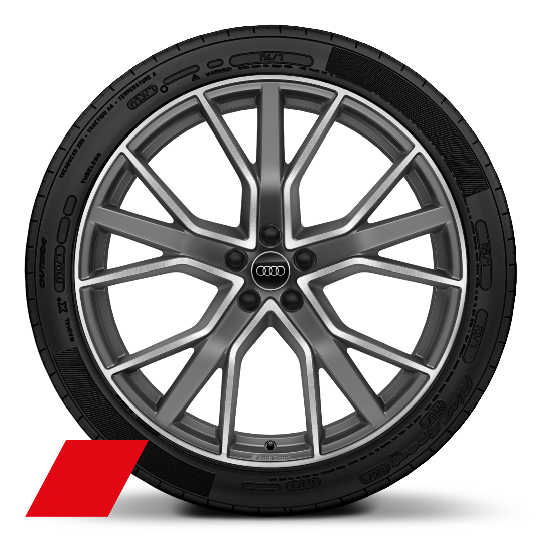 Cerchi Audi Sport, design a 5 razze a V a stella, Grigio Tit. Opaco, torniti lucidi, 10,0J x 22, pneum. 285/35 R22