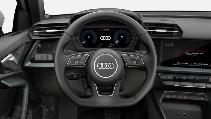 Leather-covered multifunction sports steering wheel, 3-spoke, flat-bottomed, with shift paddles