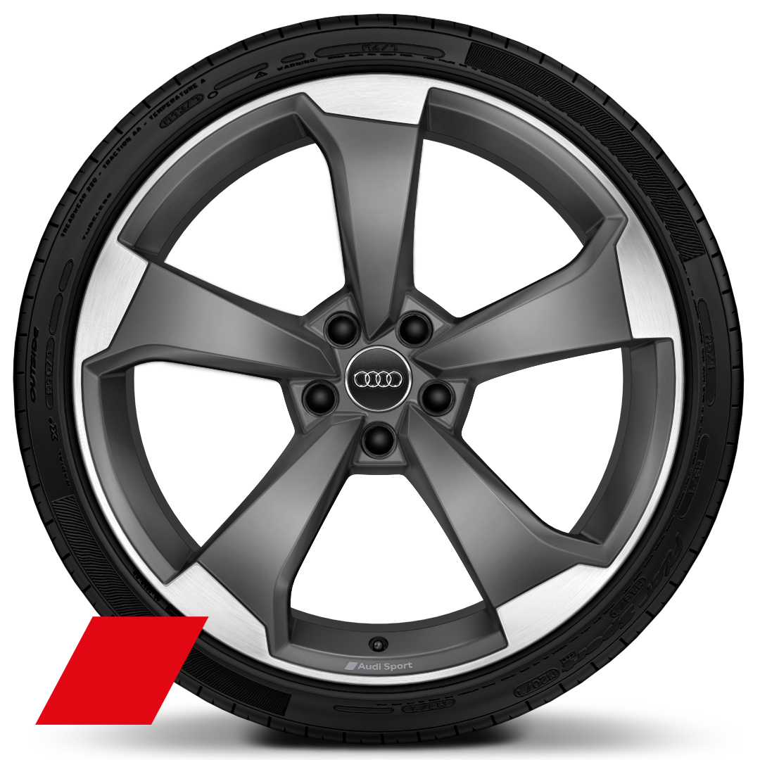 Cerchi Audi Sport, design a 5 razze a rotore, Grigio Titanio Opaco, torniti lucidi, 9,0J x 20, pneumatici 265/30 R20