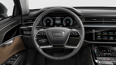 Leather-wrapped 4-spoke, multifunction steering wheel with shift paddles