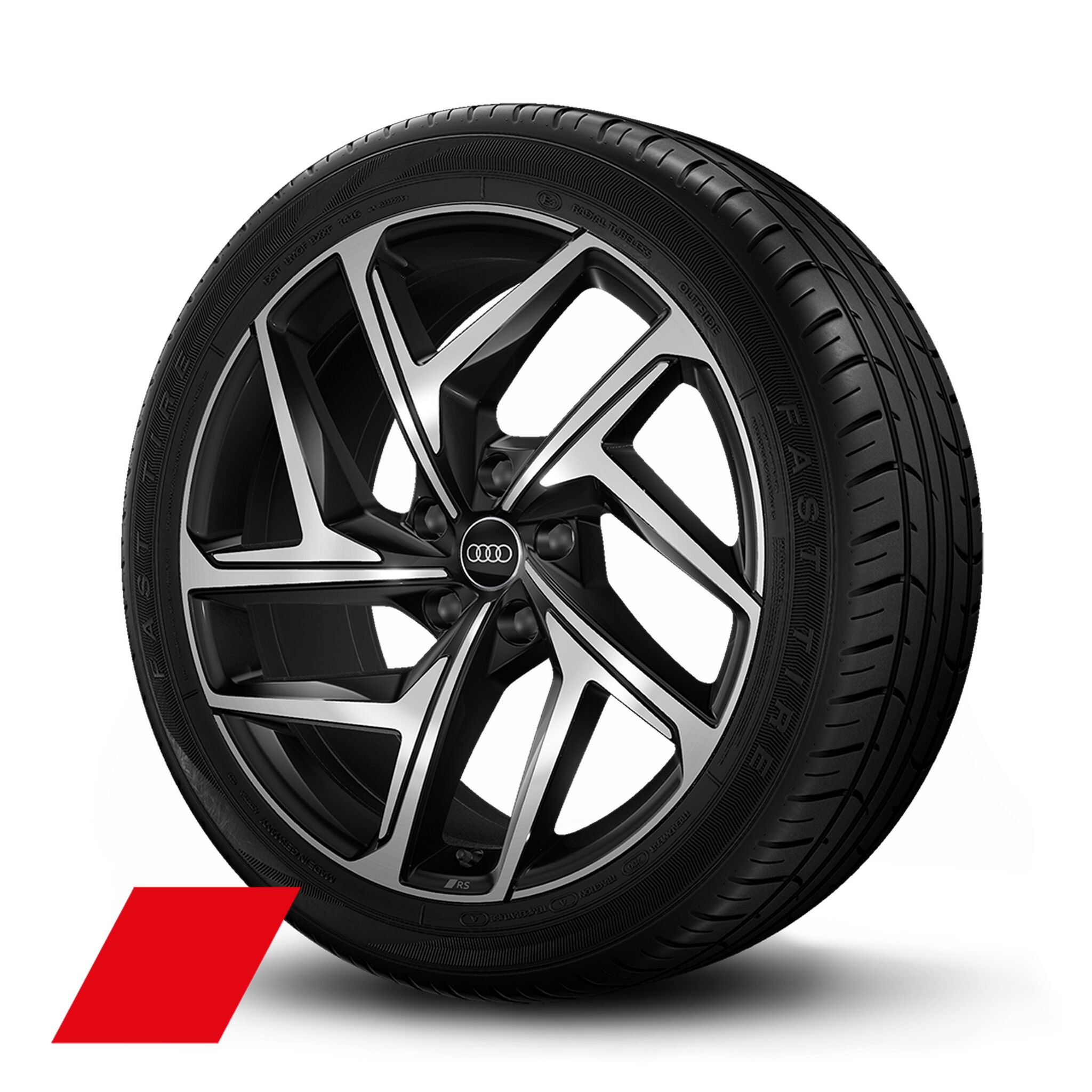 „Audi Sport“ ratlankiai, 5 dinamiškų „Y“ formos stipinų, juodos metalizuotos spalvos, blizgaus paviršiaus, 9J|10Jx21, su 255/45|285/40 R21 padangomis.